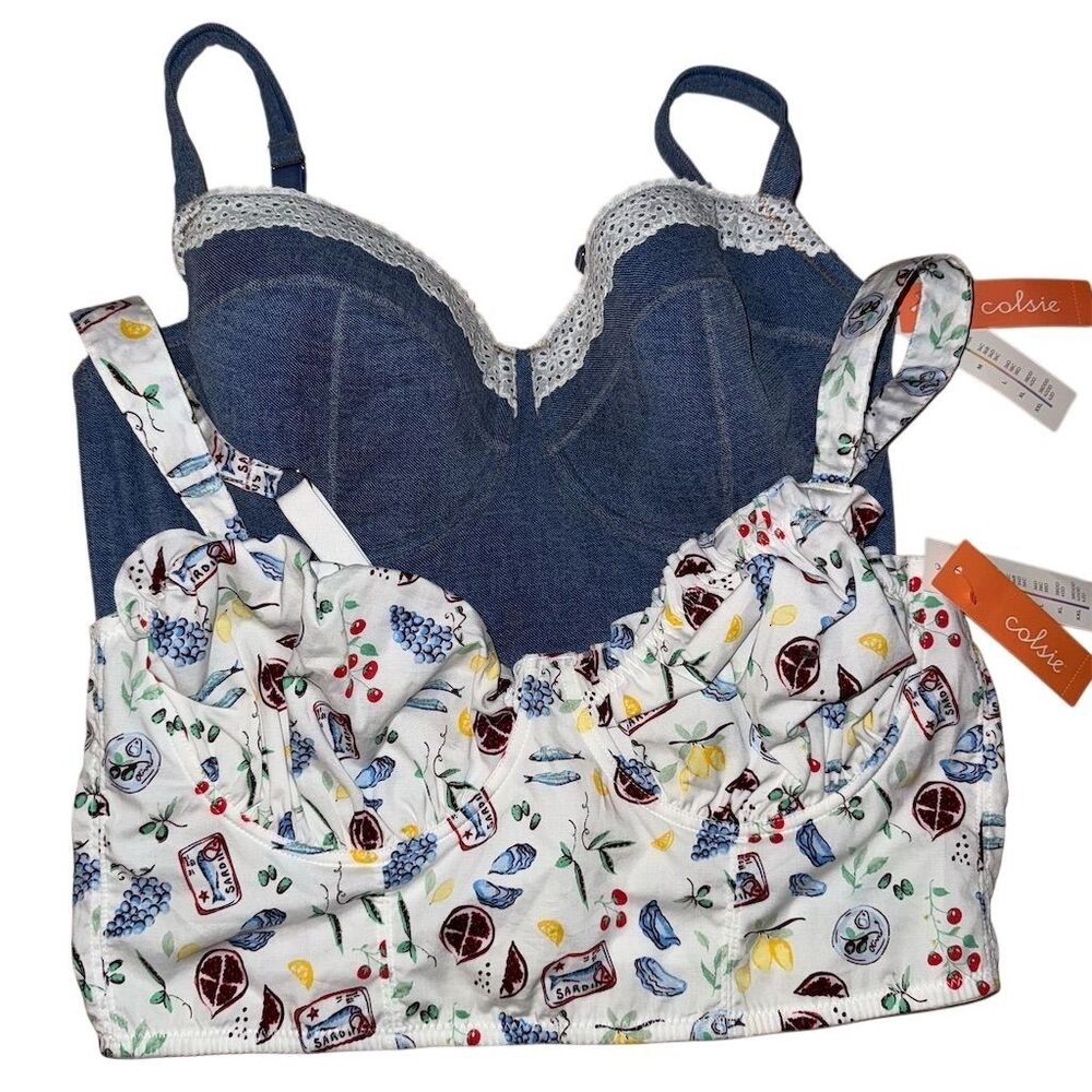 Colsie Longline Bralette Set Denim Eyelet Sardine‎ Fruit Print Size L NWT